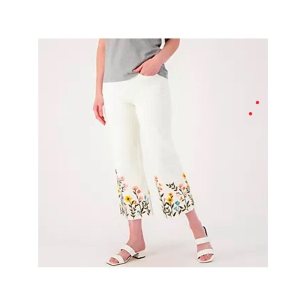 DRIFTWOOD Charlee White Cropped Pants with Floral Embroidery Raw Hem Sz. 12
